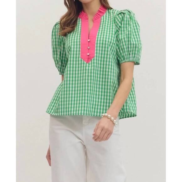 ENTRO Tops - NEW ENTRO glinda gingham blouse in bright green